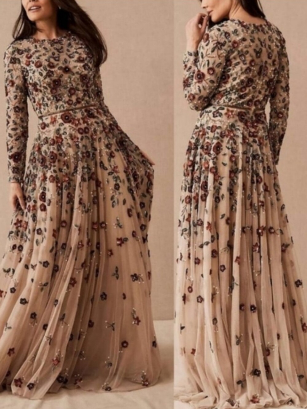 Mac Duggal 5533 Floral Appliqué Long Sleeve Illusion Gown NWT